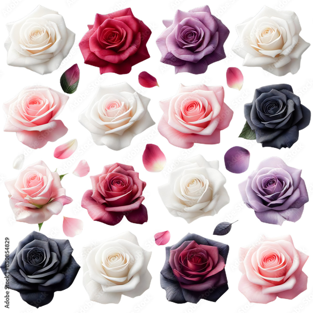 Transparent background showcasing white, red, purple, pink, and black rose petals. Transparent background showcasing white, red, purple, pink, and black rose petals.