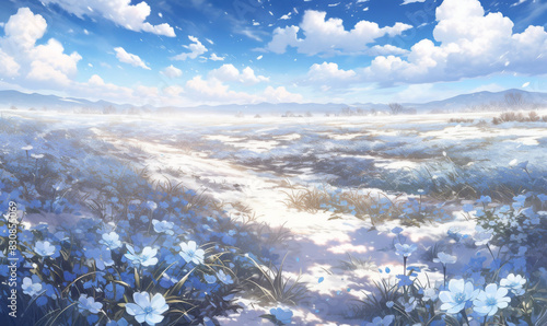 Anime background cel of a Beautiful landscape cinematic scenery photo