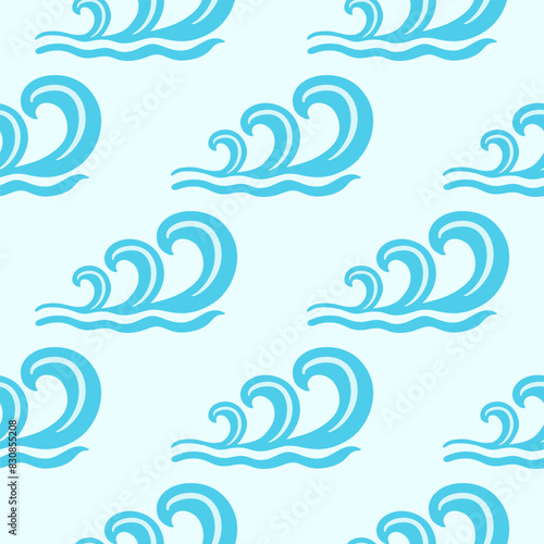 Sea waves vector seamless pattern. Cute swirled water waves in simple flat style on light blue background. Minimal abstract nautical repeat design in childish naive hand drawn style for fabric, decor
