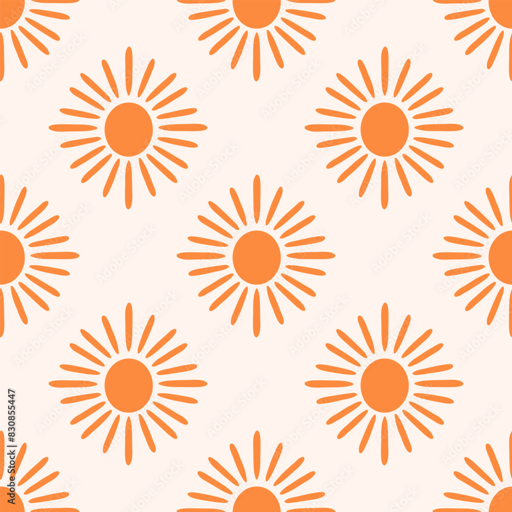 Cute summer sun vector seamless pattern. Modern simple orange sun shapes on cream off-white background. Groovy boho celestial surface design for textile, fabric, home interior decor, cover, paper Cute summer sun vector seamless pattern. Modern simple orange sun shapes on cream off-white background. Groovy boho celestial surface design for textile, fabric, home interior decor, cover, paper