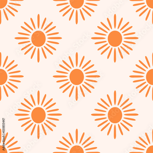 Cute summer sun vector seamless pattern. Modern simple orange sun shapes on cream off-white background. Groovy boho celestial surface design for textile, fabric, home interior decor, cover, paper