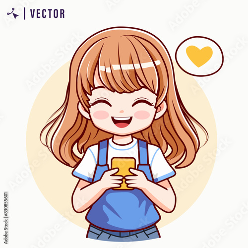 Cute little girl uses a smartphone. Kawaai girl is holding a gadget. Pastime in social networks. Internet addiction. Vector illustration in flat style