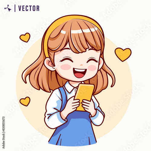 Cute little girl uses a smartphone. Kawaai girl is holding a gadget. Pastime in social networks. Internet addiction. Vector illustration in flat style