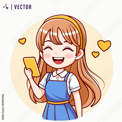 Cute little girl uses a smartphone. Kawaai girl is holding a gadget. Pastime in social networks. Internet addiction. Vector illustration in flat style photo