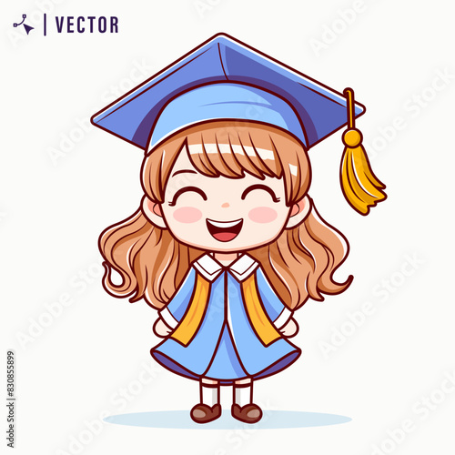 Kawaai Little girl graduating from kindergarten vector illustration. Girl with diplomas in graduation gowns and caps. Little schoolkids. Flat graphic vector illustration isolated on white background