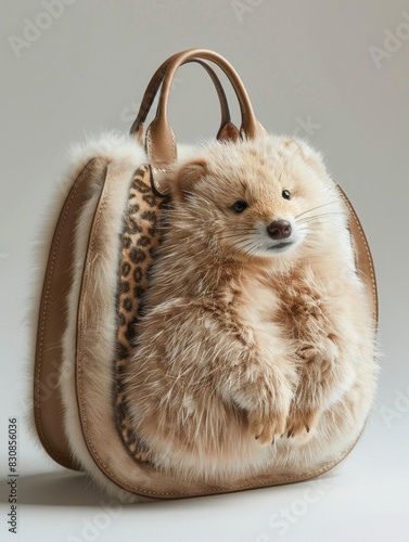 Handbag mimicking cuddly animal showcases need for cruelty-free fashion. This design promotes wildlife conservation and discourages use of real fur in fashion accessories. photo
