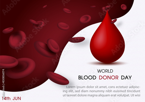 Red blood cells in 3d render style with giant blood droplet and wording of event, example texts. Poster's campaign of world blood donor day in vector design.