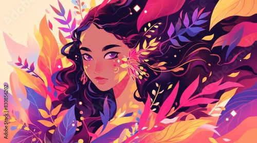 Portrait of a beautiful young woman with flowing dark hair surrounded by a palette of warm hues accentuated by pink and purple leaves and flowers This delightful image featuring a charming 