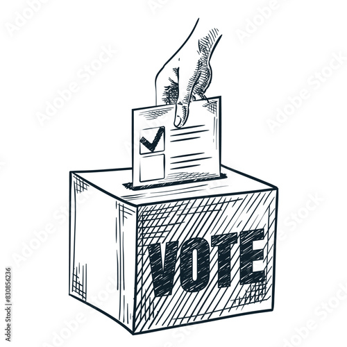 Human hand holding ballot paper and puts it in election vote box. Vector hand drawn sketch illustration isolated on white background. Government voting, politic democracy concept