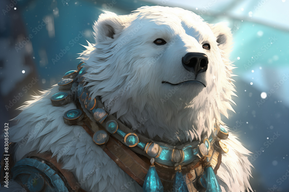 Regal Polar Bear Wearing Bejeweled Necklace in Snowy Background Regal Polar Bear Wearing Bejeweled Necklace in Snowy Background