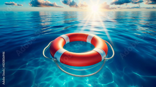 Life preserver floating on the surface of a clear blue  water photo