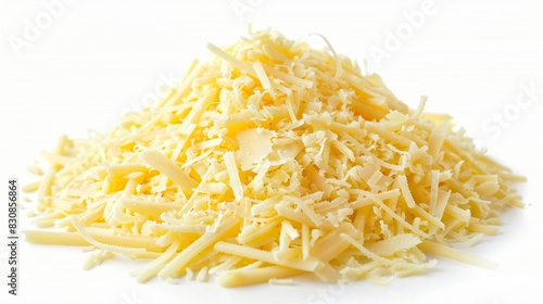 Tasty grated cheese isolated on white Four photo