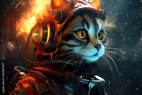 Futuristic cat in a comic spacesuit and suit