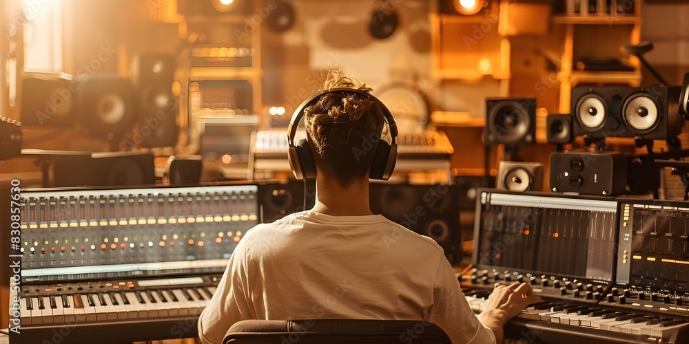 Music producer wearing headphones creating soundtracks in a contemporary recording studio. Concept Music Production, Headphones, Soundtracks, Recording Studio, Contemporary Music producer wearing headphones creating soundtracks in a contemporary recording studio. Concept Music Production, Headphones, Soundtracks, Recording Studio, Contemporary