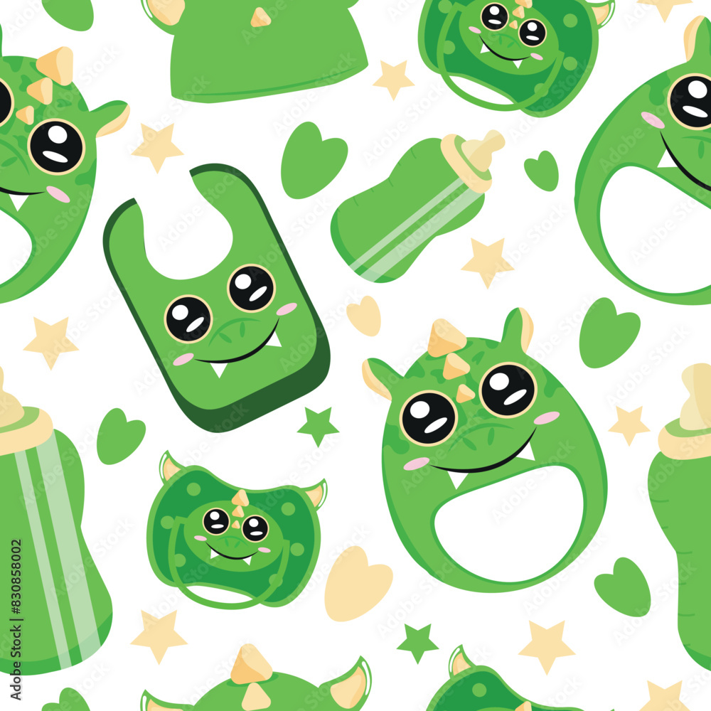 seamless pattern of set of baby things, namely rattle toy, pacifier, feeding bottle, bib and hat with animal image, namely dragon, for packaging, design or textile seamless pattern of set of baby things, namely rattle toy, pacifier, feeding bottle, bib and hat with animal image, namely dragon, for packaging, design or textile