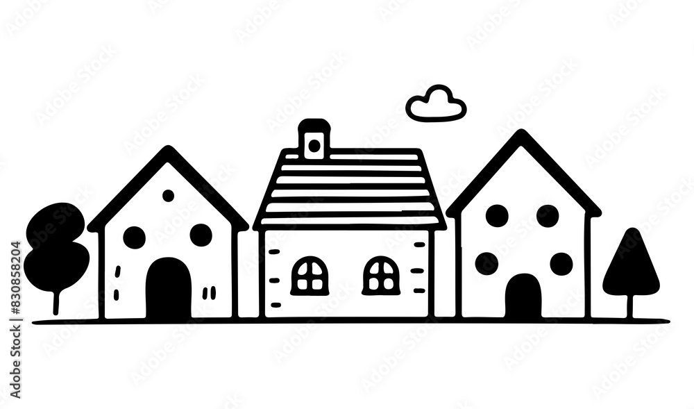 Minimalistic black and white illustration of three houses with trees and clouds in a cartoonish style. Minimalistic black and white illustration of three houses with trees and clouds in a cartoonish style.
