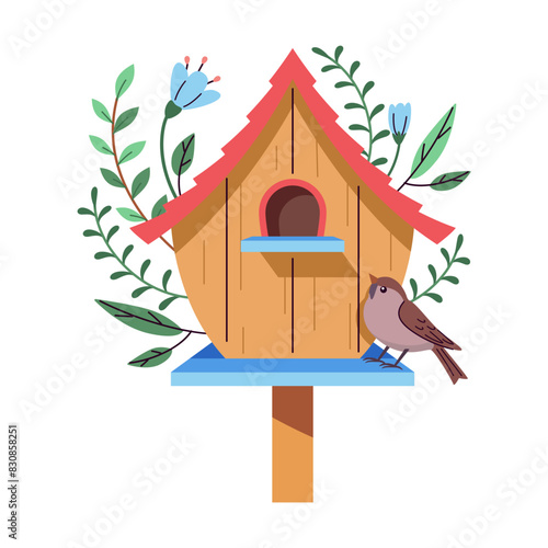 Birdhouse with two stories and small terrace 2D cartoon object. Sparrow sitting on feeder flat line vector image on white background