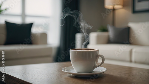 Hot cup of coffee on table at home