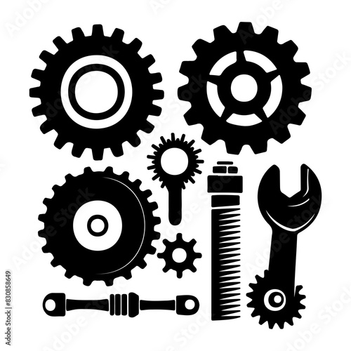 A collection of mechanical gear icons and a wrench in black silhouette, ideal for engineering or repair themes.