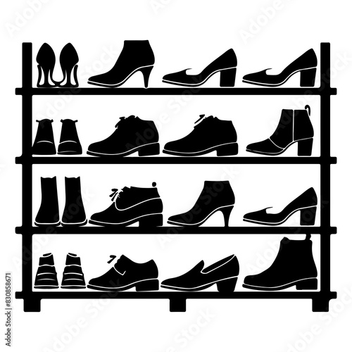 A black silhouette icon of a shoe rack filled with various shoes, perfect for storage and organization themes.