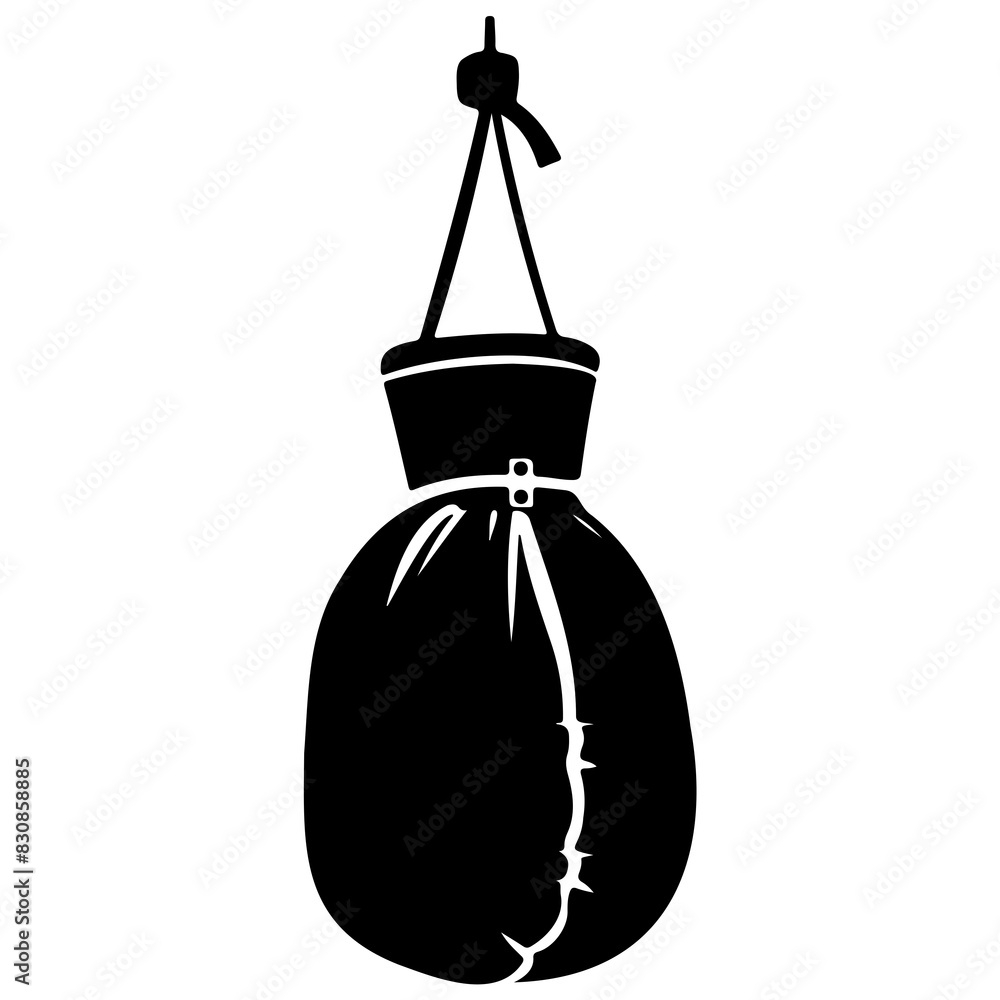 A black and white vector icon depicting a punching bag, isolated on a white background.