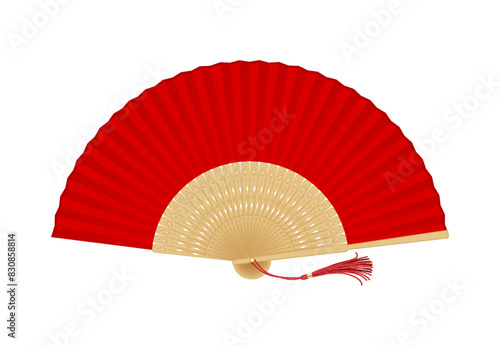Red foldable Asian fan with tassel realistic vector illustration. Accessory of Chinese lady from old times 3d object on white background