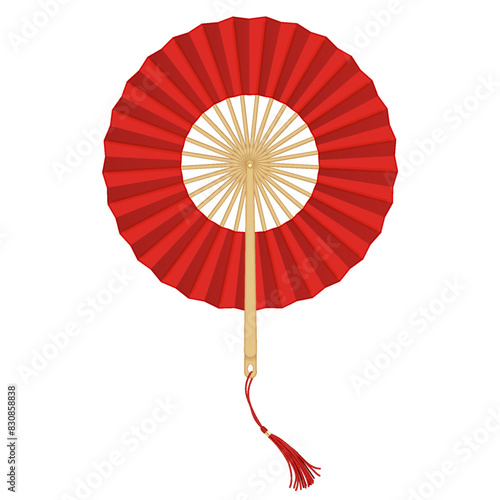 Cockade hand fan of red paper realistic vector illustration. Asian lady air blowing accessory for. Oriental tradition 3d object on white