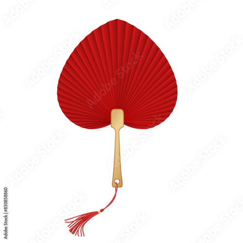 Heart shaped Asian hand fan with tassel on handle realistic vector illustration. Elegant air blowing accessory 3d object on white background