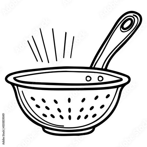 Black and white illustration of a colander kitchen utensil with a handle, used for draining food.