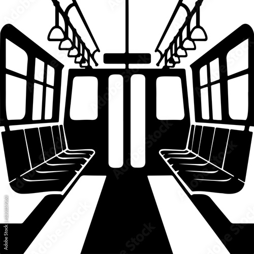 Black and white silhouette illustration of a subway car interior, showing seats and handrails.