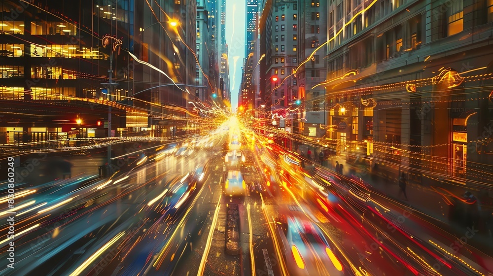 The image is a long exposure of a busy city street at night. The lights of the cars and buildings are blurred, creating a sense of speed and energy. The image is a long exposure of a busy city street at night. The lights of the cars and buildings are blurred, creating a sense of speed and energy.