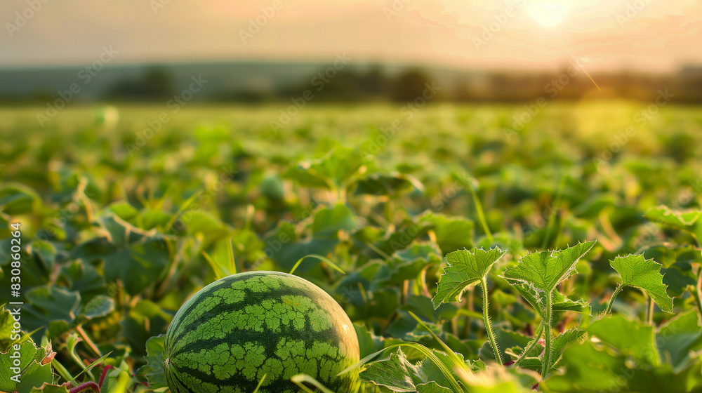 Watermelon fruits in a spacious field, photographed in the early morning, rural area of Dalmatia, Croatia Watermelon fruits in a spacious field, photographed in the early morning, rural area of Dalmatia, Croatia
