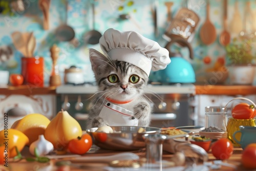 Cat in a chef outfit in a fantasy concept. © Phuriphat