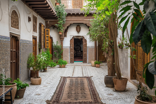 A two-floor modern Arab Moroccan Riad House with mosaik walls and floor  sofas   the typical furniture in North Africa  Morocco  Fes  Marrakesh  Casablanca 