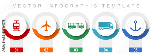Transport icon set, miscellaneous vector icons such as train, plane, bus, truck and anchor, modern design infographic template, web buttons in 5 color options