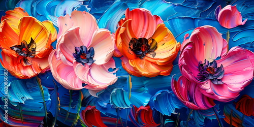 beauty of springtime with dynamic oil paintings of Easter Monday backgrounds adorned with blooming flowers and cheerful colors. © Maximusdn