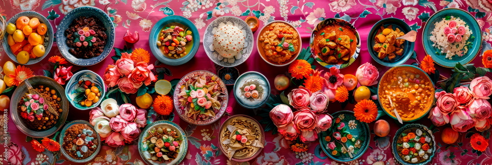 festive Mexican fiesta table adorned with dishes like pozole, mole, and chiles en nogada. festive Mexican fiesta table adorned with dishes like pozole, mole, and chiles en nogada.