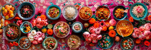 festive Mexican fiesta table adorned with dishes like pozole, mole, and chiles en nogada. photo