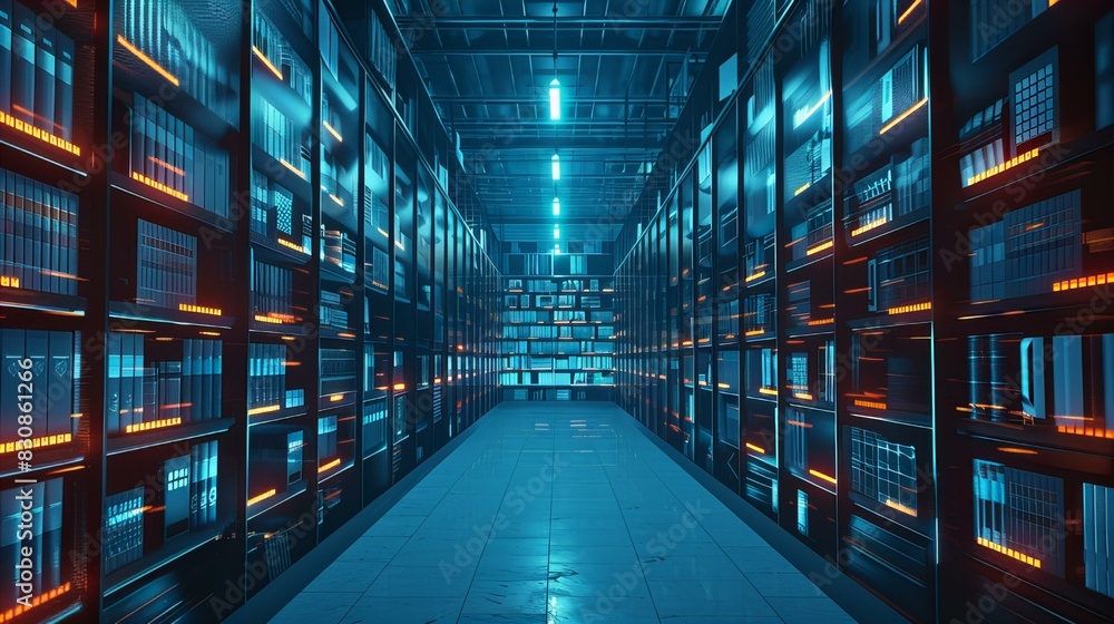 Fototapeta premium Futuristic data center with glowing blue and orange lights