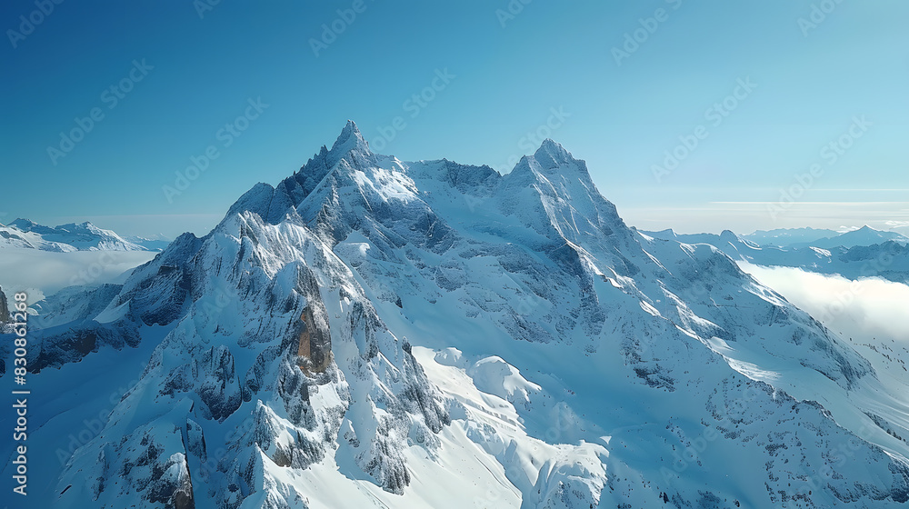 A photo featuring the snow-covered peaks of the Italian Alps captured from an aerial perspective with a drone. Highlighting the pristine white slopes and rugged mountain terrain, while surrounded by a A photo featuring the snow-covered peaks of the Italian Alps captured from an aerial perspective with a drone. Highlighting the pristine white slopes and rugged mountain terrain, while surrounded by a