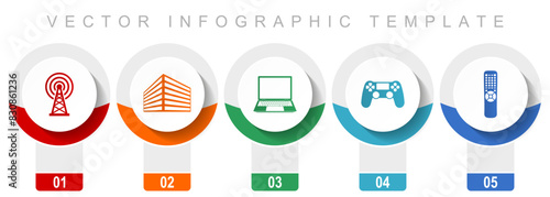 Technology icon set, miscellaneous vector icons such as antenna, office building, laptop, gamepad, tv remote, modern design infographic template, web buttons in 5 color options