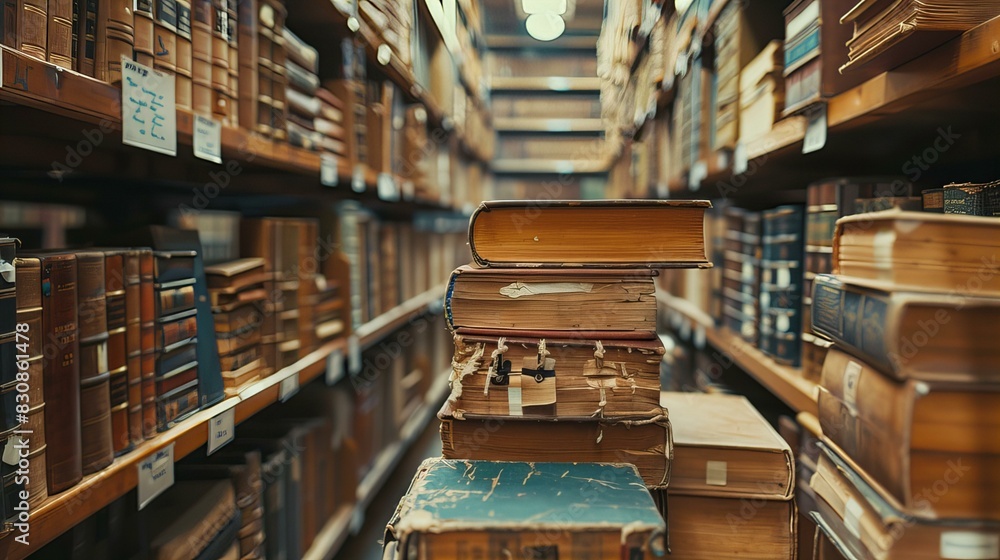 Fototapeta premium Library Bookshelf Aisle with Stacked Books
