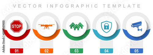 Home security icon set, miscellaneous vector icons such as stop sign, drone, house, cctv camera and padlockfor webdesign and mobile applications, modern design infographic template, web buttons in 5 c