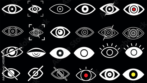 Eye icon set featuring various designs including visibility, hidden, focus, and alert symbols