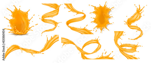 Natural orange juice splashes realistic vector illustration set. Splatters of exotic fruit drink in motion 3d objects on white background