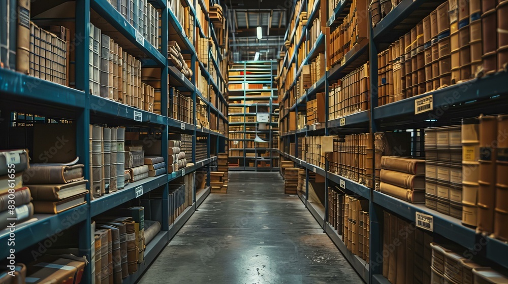 Library Bookshelves in a Dimly Lit Archive