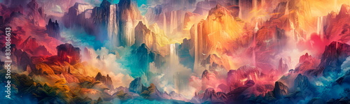 mystical landscape with towering mountains and cascading waterfalls, painted in enchanting watercolor tones
