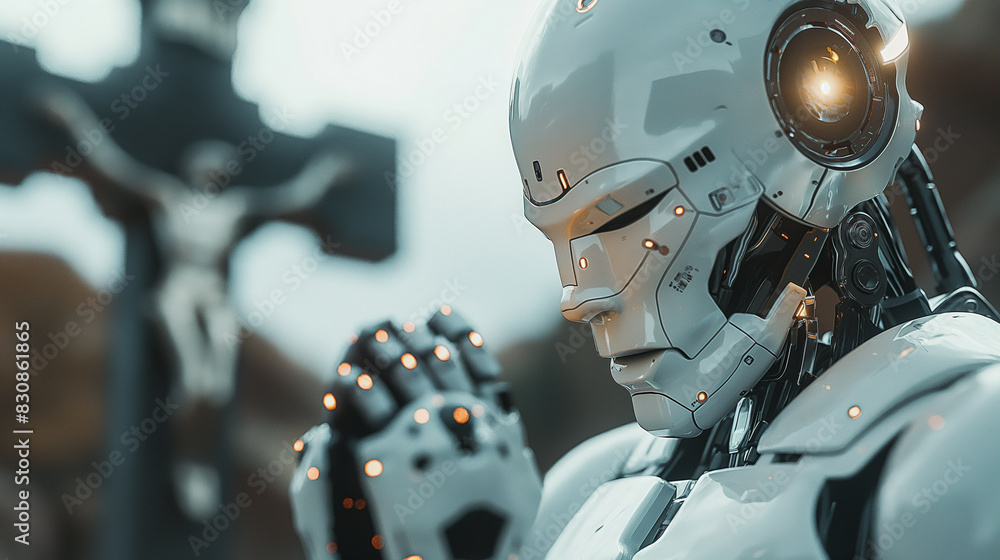 Fototapeta premium robot prays to God against the background of a cross