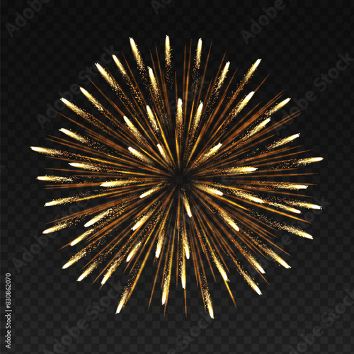 Golden firework coconut shape realistic vector illustration. Festive party explosive show on dark sly 3d element on transparent background