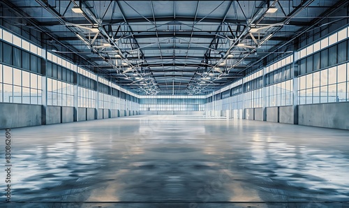 Fototapeta Naklejka Na Ścianę i Meble -  Concrete floor inside industrial building. Use as large factory, warehouse, storehouse, hangar or plant. Modern interior with metal wall and steel structure with empty space for industry background.